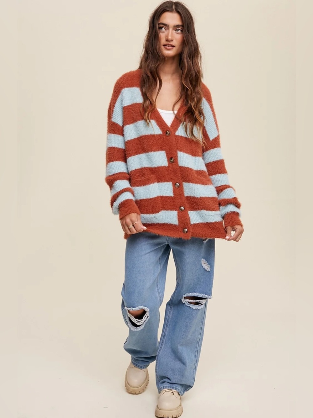 Listicle Striped Fuzzy Cardigan in Rust and Light Blue